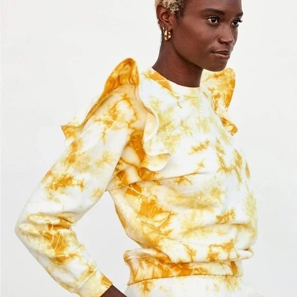 Clare V Yellow Tie Dye Ruffle Feminine Sweatshirt Popover Anthropologie Size XL